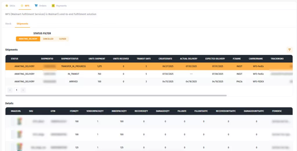 Walmart Inventory Management Software - SKU Compass Walmart shipment tracking window displaying inbound shipments, inventory received status, and real-time stock updates