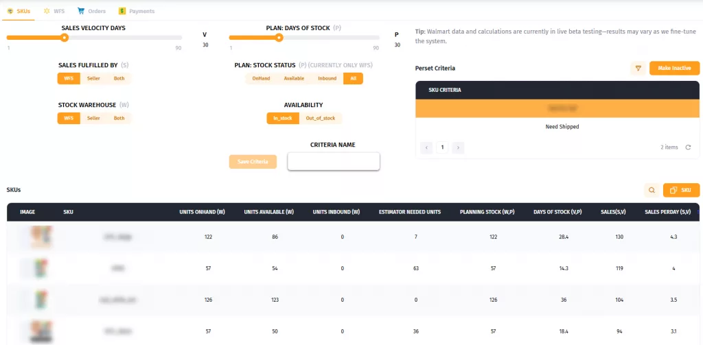 Walmart Inventory Management Software SKU Compass  dashboard showing demand projections, sales velocity, and restock recommendations for multi-channel sellers. 