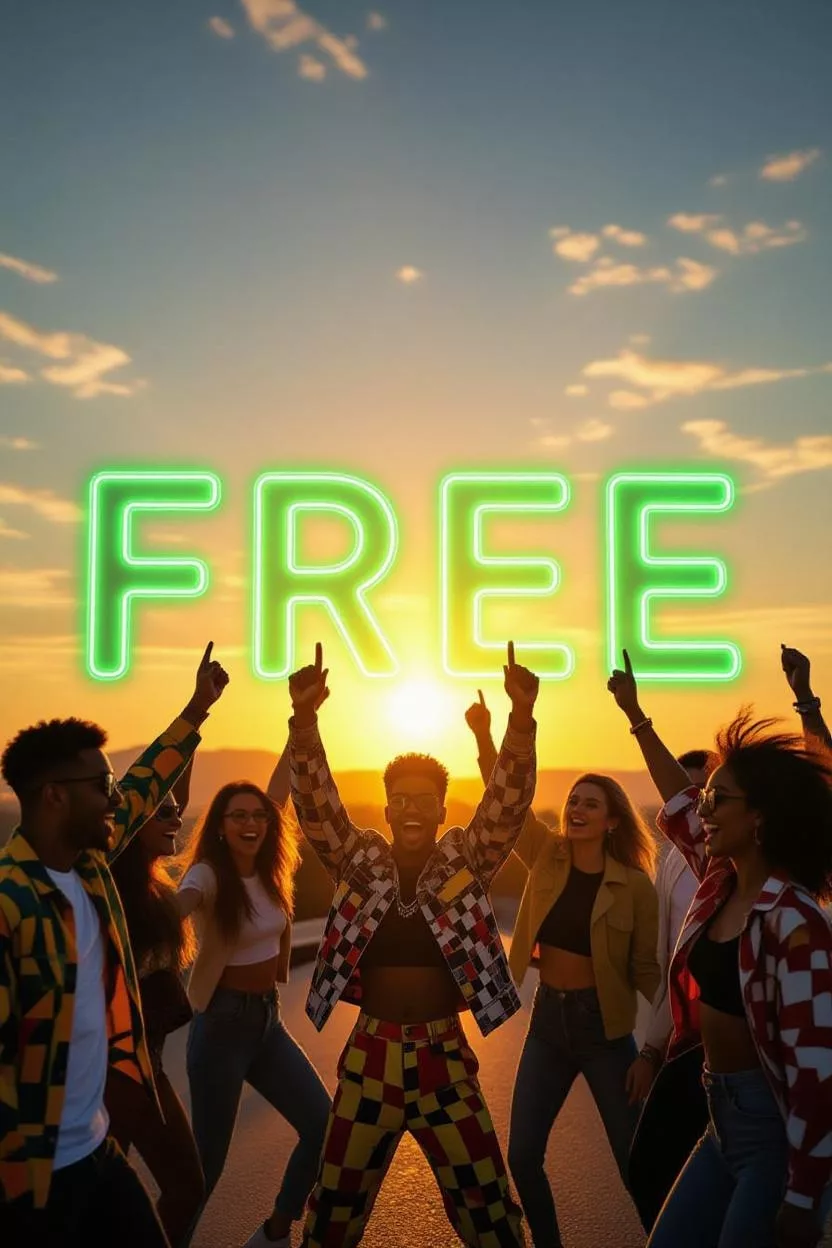 Group celebrating at sunset with bold 'FREE' neon text—start your free trial with SKU Compass.